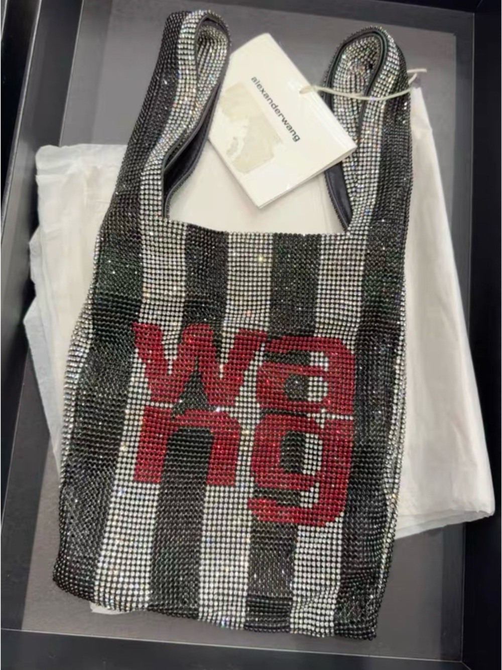 🚩steal Alexander Wang Black & White Crystal Stripe Tote with Red 'wang' Logo